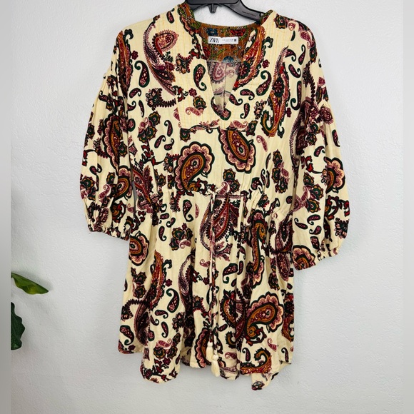 Zara Boho Chic Paisley Print Mini Tassle Mid Sleeve Dres w Quilted V Neck - Picture 3 of 8